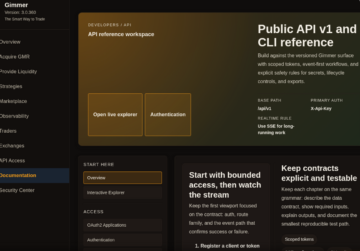 Gimmer docs workspace in dark theme showing the API reference workspace overview, Public API v1 and CLI reference, base path /api/v1, primary auth X-Api-Key, and Open live explorer and Authentication actions