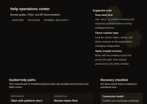 Gimmer Help page in dark theme showing Help operations center, the subtitle Browse guides, FAQs, and API documentation., chips for Guide-first, Route-safe, and Browser + Wails parity, a Suggested order panel with Scan docs first, Check runtime state, and Apply scoped recovery, and the top of Guided help paths and Recovery checklist