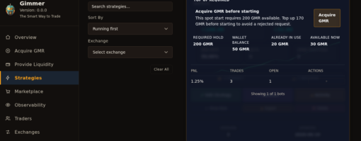 Gimmer Strategies page in dark theme with Strategies highlighted in the sidebar and a blocked start-preflight panel with the Top up required state, the title Acquire GMR before starting, an Acquire GMR button, and the metrics Required hold 200 GMR, Wallet balance 50 GMR, Already in use 20 GMR, and Available now 30 GMR