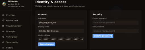 Gimmer dashboard in dark theme showing the Identity & access section with Account and Security cards, fields for Username, Display name, Wallet address, Current password, and New password, and Save changes and Update password buttons
