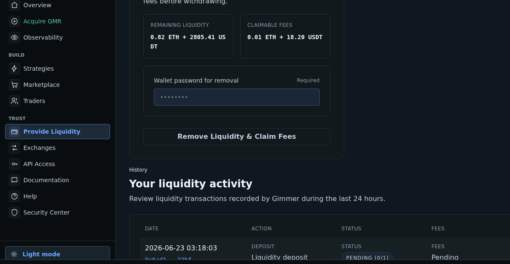 Gimmer Provide Liquidity route in dark theme with the Provide Liquidity navigation item highlighted, showing remaining liquidity and claimable fees above Your liquidity activity with the Date, Action, Status, and Fees columns and a pending ETH/USDT deposit row