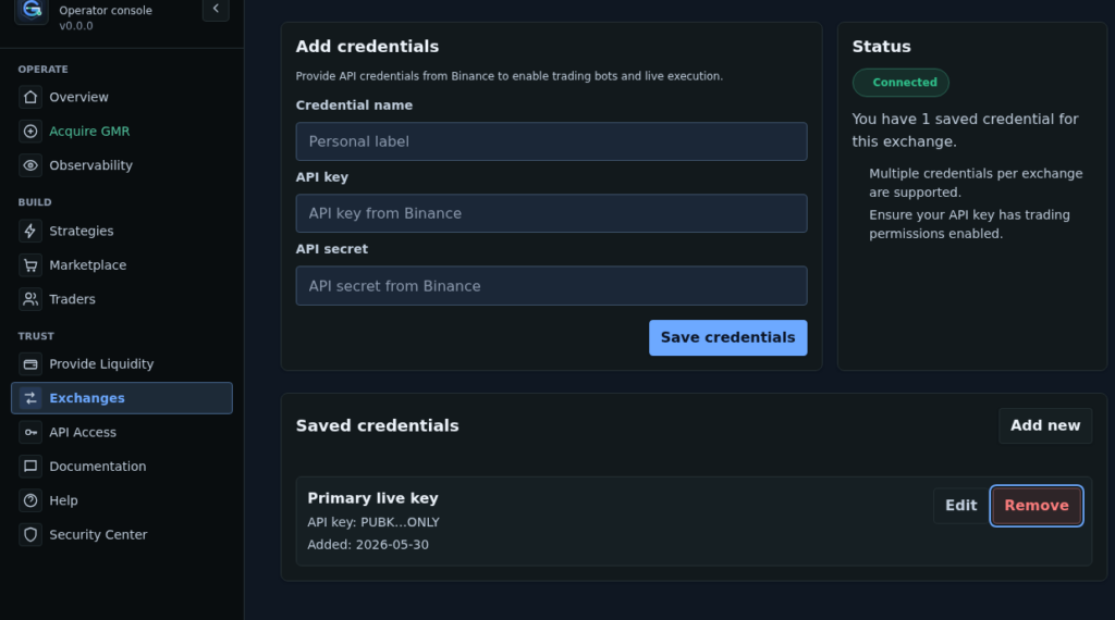 How to Audit a Saved Centralized Exchange Connection in Gimmer After the First Setup