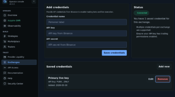 Gimmer dark-theme Exchanges view showing Add credentials beside a Connected status card and a Saved credentials list with one masked API key, an Added date, and Edit and Remove actions