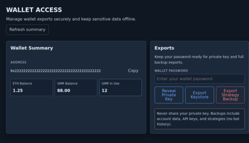 Gimmer Wallet Access page in dark theme showing Wallet Summary with the wallet address plus ETH Balance 1.25, GMR Balance 88.00, and GMR In Use 12 beside the Exports panel with Wallet password, Reveal Private Key, Export Keystore, Export Strategy Backup, and the warning that backups include account data, API keys, and strategies