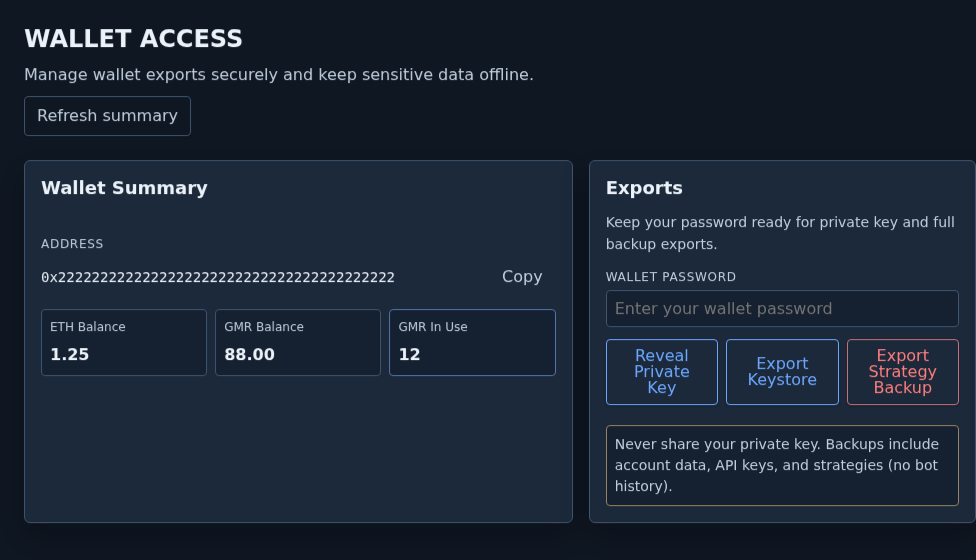 Gimmer Wallet Access page in dark theme showing Wallet Summary with the wallet address plus ETH Balance 1.25, GMR Balance 88.00, and GMR In Use 12 beside the Exports panel with Wallet password, Reveal Private Key, Export Keystore, Export Strategy Backup, and the warning that backups include account data, API keys, and strategies