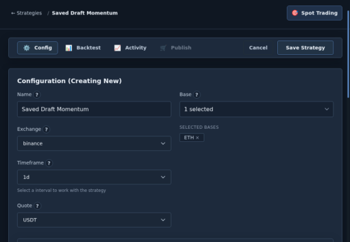 Gimmer dark-theme strategy builder with the Spot Trading badge, active Config tab, Backtest and Activity tabs, a disabled Publish tab, and the Save Strategy action above Configuration (Creating New) fields showing Name Saved Draft Momentum, Base 1 selected with ETH, Exchange binance, Timeframe 1d, and Quote USDT