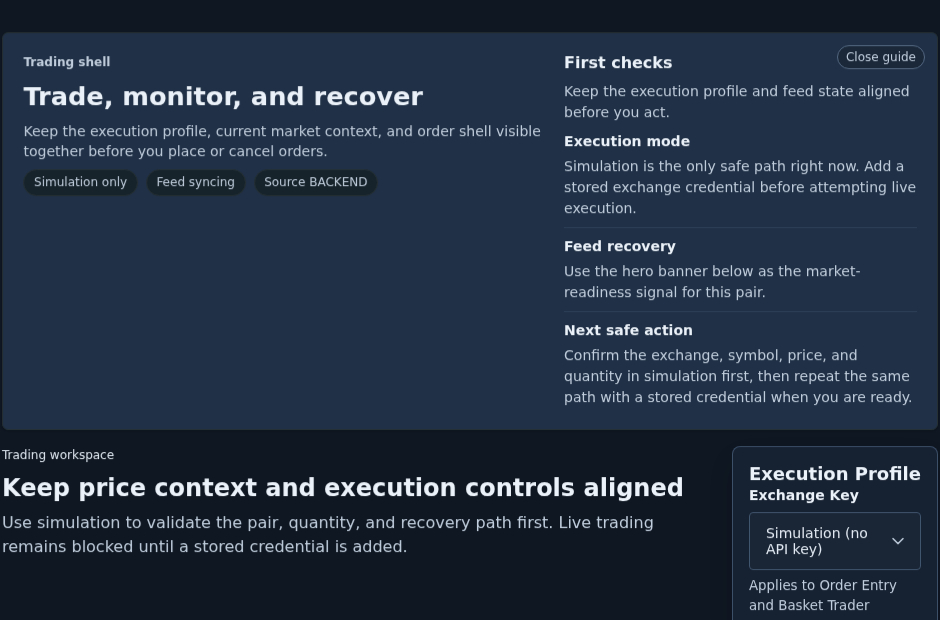 Gimmer dark-theme Trading workspace showing the guide title Trade, monitor, and recover, chips for Simulation only and Feed syncing, the First checks panel, and the Execution Profile card set to Simulation (no API key)