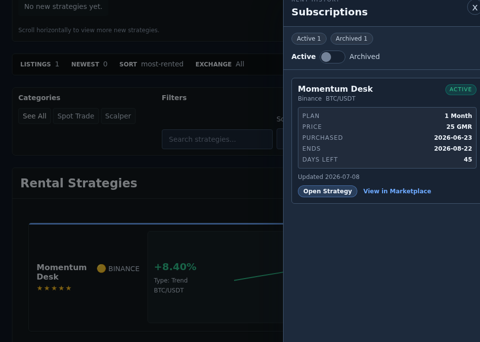 Gimmer dark-theme Marketplace screen with the Rent History drawer open to Subscriptions, showing Active 1 and Archived 1, and an active Momentum Desk Binance BTC/USDT record with Plan 1 Month, Price 25 GMR, Purchased 2026-06-23, Ends 2026-08-22, Days left 45, Open Strategy, and View in Marketplace beside the Rental Strategies panel