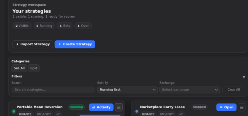 Gimmer dark-theme strategies workspace showing Your strategies with Import Strategy and Create Strategy controls, a Portable Mean Reversion card marked Running with Activity, and a Marketplace Carry Lease card marked Stopped with Open