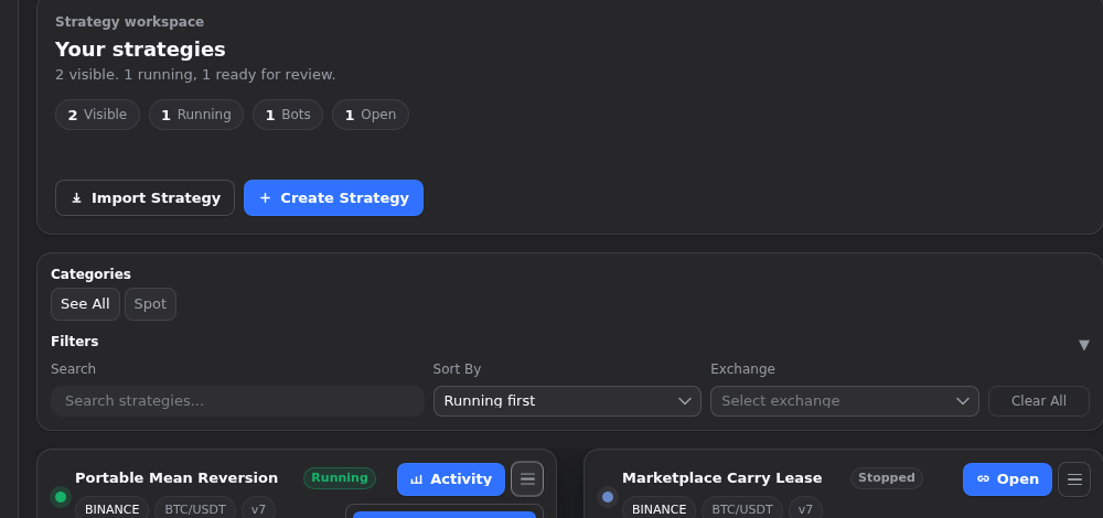 Gimmer dark-theme strategies workspace showing Your strategies with Import Strategy and Create Strategy controls, a Portable Mean Reversion card marked Running with Activity, and a Marketplace Carry Lease card marked Stopped with Open
