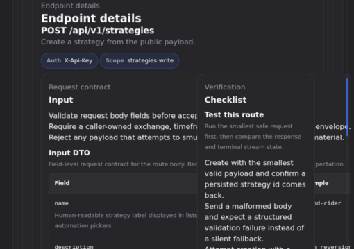 Gimmer docs endpoint details panel in dark theme for POST /api/v1/strategies showing auth and scope chips above the Input and Checklist sections