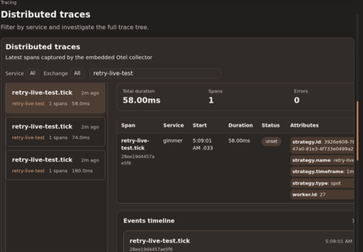 Gimmer dark-theme Distributed traces view filtered by retry-live-test with retry-live-test.tick selected, summary metrics showing Total duration 58.00ms, Spans 1, Errors 0, a trace detail table with Span, Service, Start, Duration, Status, and Attributes, and the top of the Events timeline