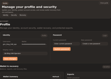 Gimmer dark-theme Profile page showing Manage your profile and security, Identity, Security, and Recovery chips, the Profile account section, the Identity panel with Username, Wallet, Display name, Save changes, the adjacent Password panel with Update password, and the start of Wallet & recovery