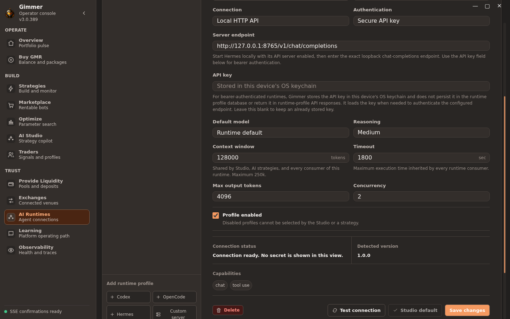 Dark-theme Gimmer AI Runtimes settings view showing Local HTTP API connection and authentication fields, a loopback server endpoint, an API key placeholder labeled "Stored in this device's OS keychain", model and limit fields, a checked "Profile enabled" control, the diagnostic "Connection ready. No secret is shown in this view.", capabilities, and Delete, Test connection, Studio default, and Save changes controls.