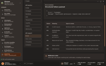 Dark-theme Gimmer Docs Errors view showing a structured failure payload with error ‘Forbidden’ and message ‘insufficient permissions: requires scope bots:control’, followed by a status matrix for 400 invalid request, 401 authentication required, 403 insufficient permissions, 404 resource not found, 409 state conflict, and 500 internal error.