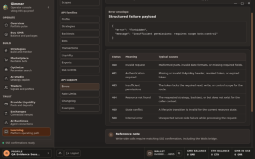 Dark-theme Gimmer Docs Errors view showing a structured failure payload with error ‘Forbidden’ and message ‘insufficient permissions: requires scope bots:control’, followed by a status matrix for 400 invalid request, 401 authentication required, 403 insufficient permissions, 404 resource not found, 409 state conflict, and 500 internal error.