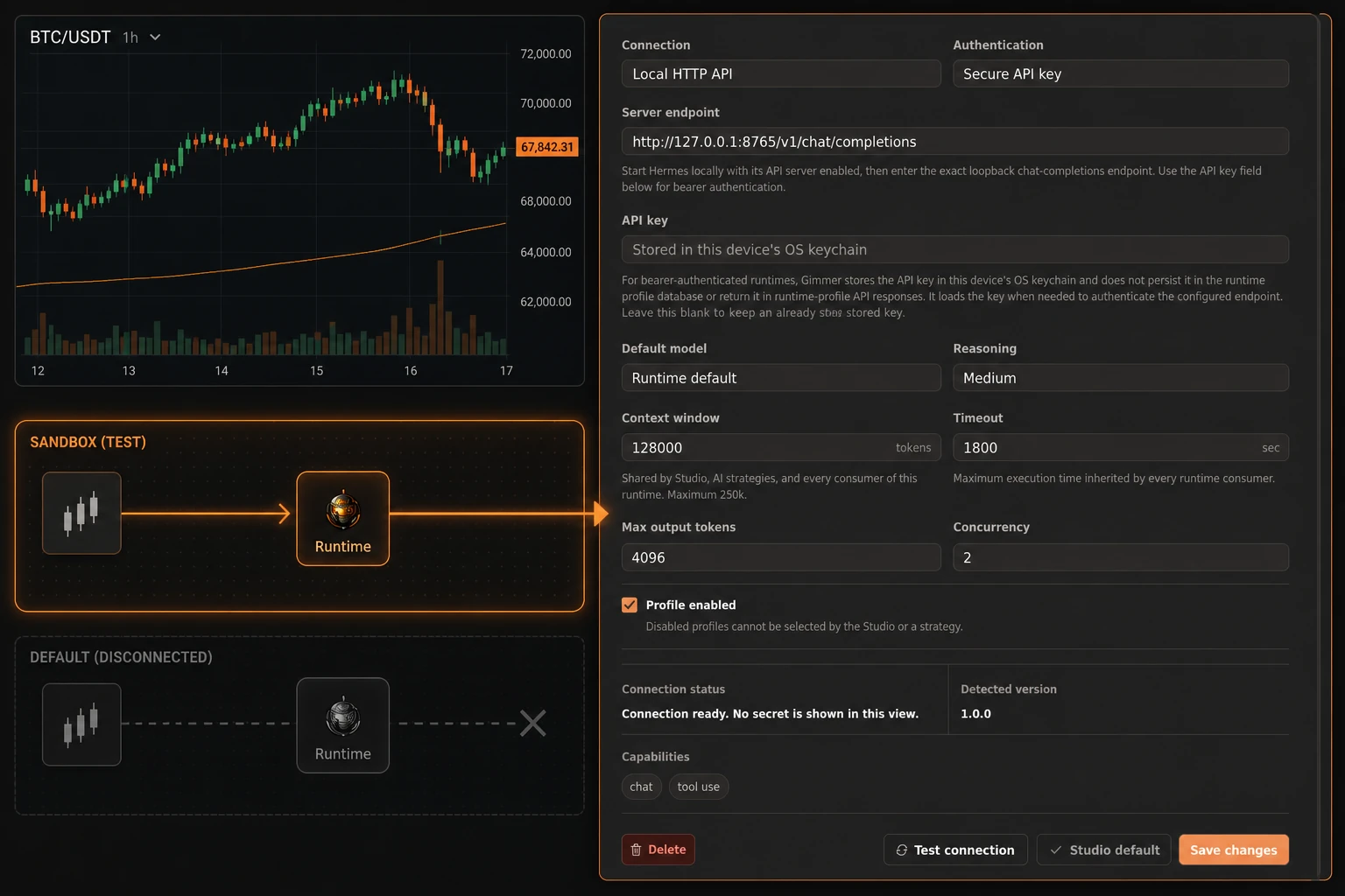 BTC/USDT chart feeding a sandboxed Gimmer AI runtime configuration before the default connection.