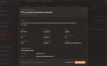 Gimmer dark-theme AI Strategy Studio showing an AI strategy proposal dialog titled “BTC guarded momentum proposal,” with the context “Indicators · Spot · Binance · 1h,” the thesis “Use confirmed momentum signals while keeping allocation and protective exits explicit for review,” BTC/USDT market, 10 percent allocation, market order, 4% stop loss, indicator stop recovery, 5% trail activation, 10% trail pullback, indicator trail recovery, a backtest window from 2025-01-01 to 2025-06-30, executable setup indicators ema:20,rsi:14, safeties stop-loss:4,trailing-stop:5/10, and the footer “Nothing changes until you create the draft.” with Create draft and Backtest draft actions.