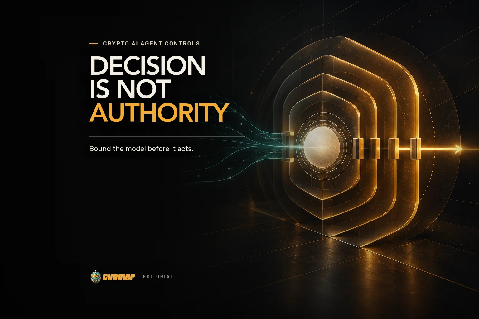 A glowing decision core sits inside five amber guard layers under the headline Decision Is Not Authority.