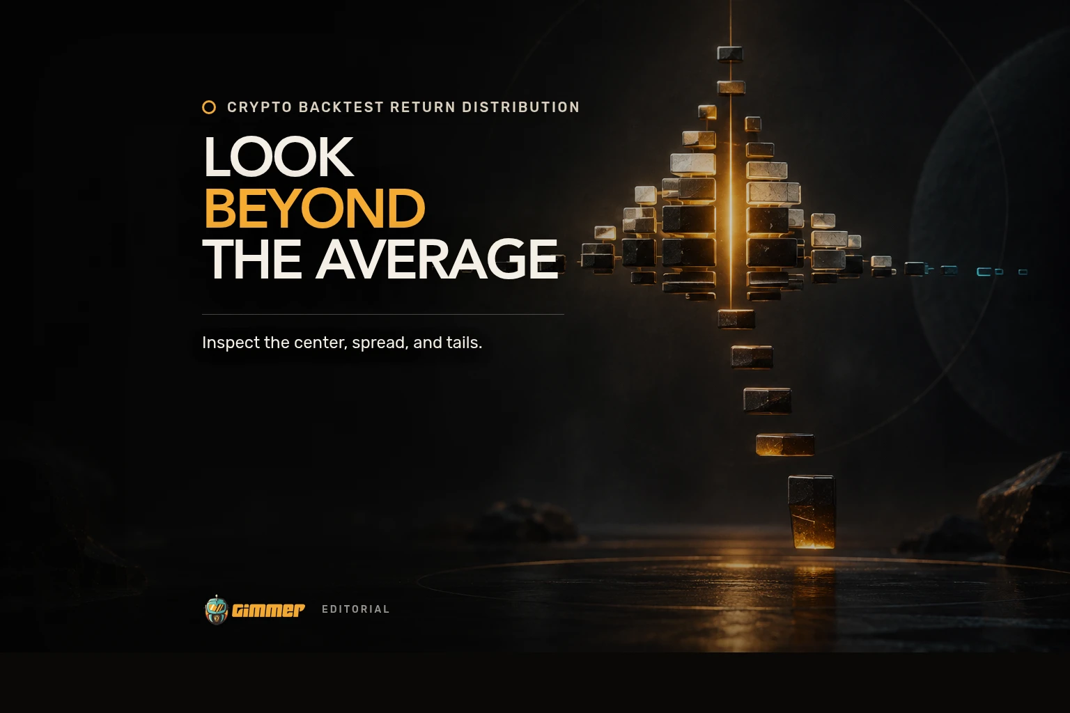 Abstract amber outcome tiles form a compact center and a long lower tail under the headline Look Beyond the Average.