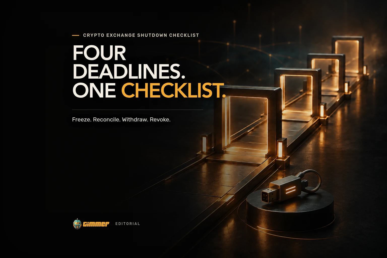 Four amber deadline gates lead to a disconnected access key under the headline Four Deadlines. One Checklist.