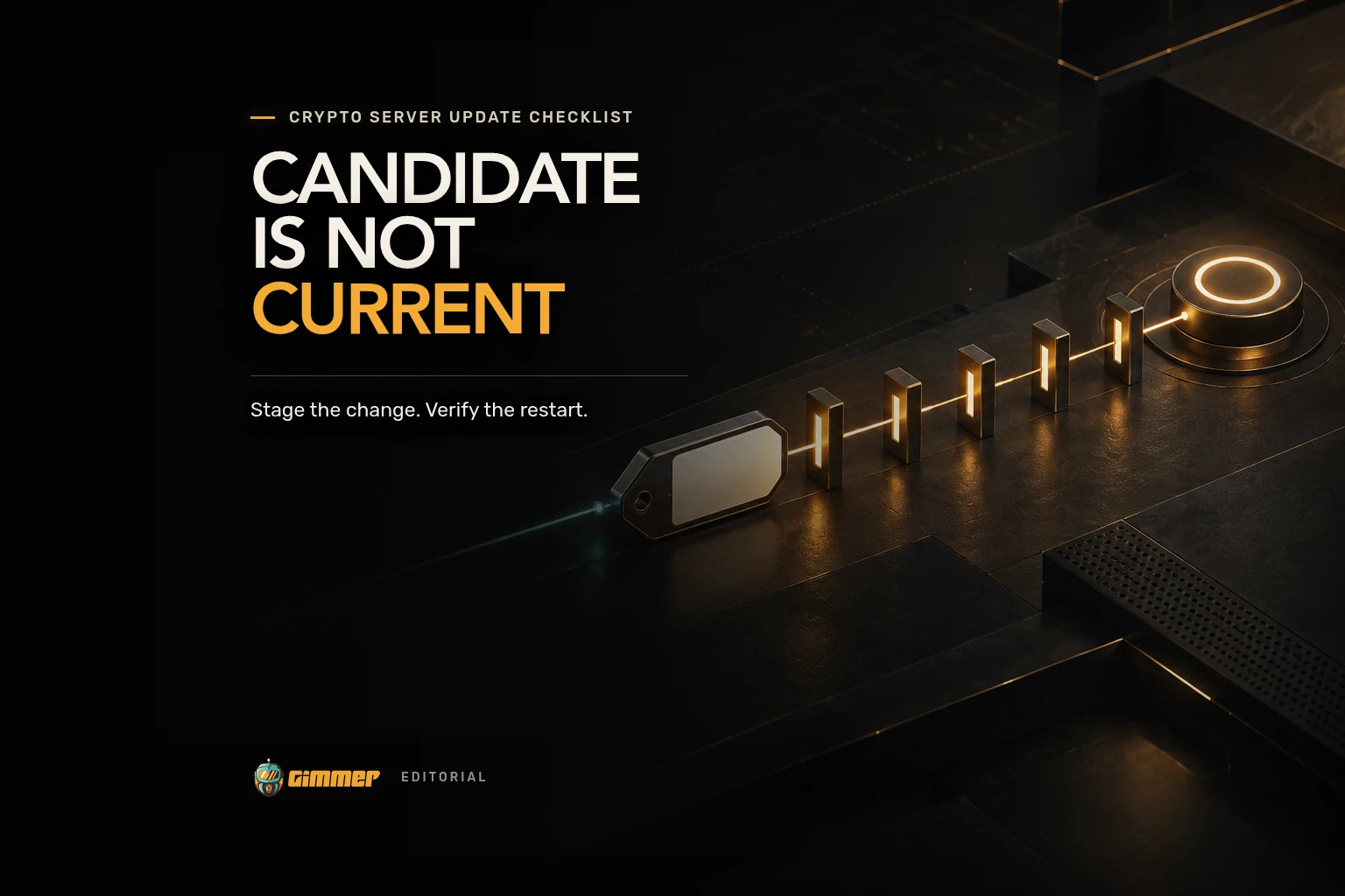 An unlabelled version tag passes five amber checkpoints under the headline Candidate Is Not Current.