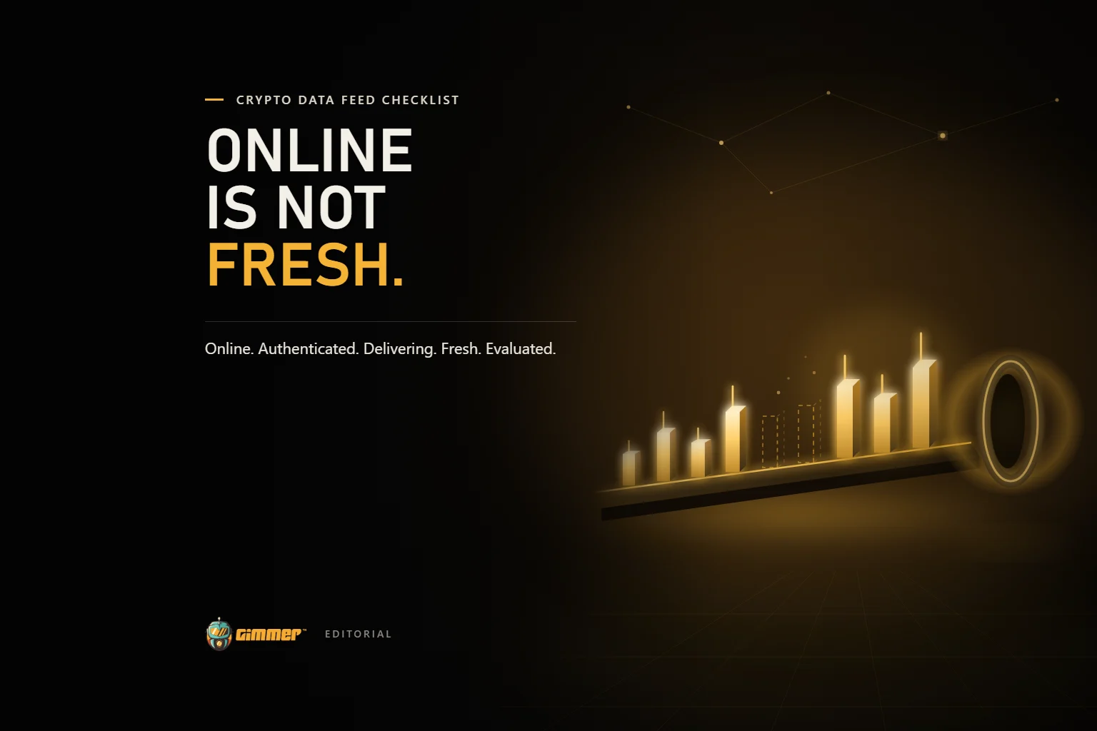 A glowing amber stream of candlestick bars flows through a bronze conduit into a receiving ring, with a dim gap in the stream being refilled, under the headline Online Is Not Fresh.